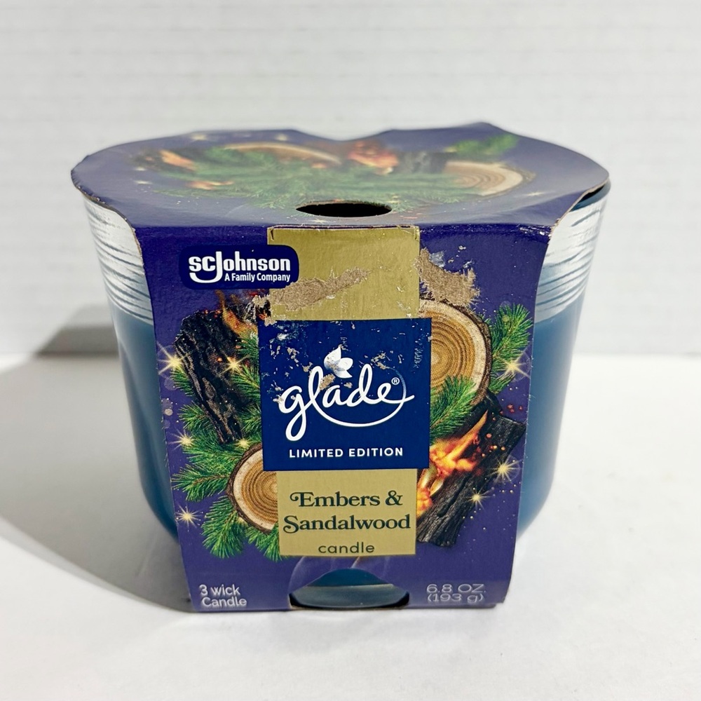 Glade Candle Embers Sandalwood 3 Wick Scented Limited Edition Blue 6.8 oz NEW